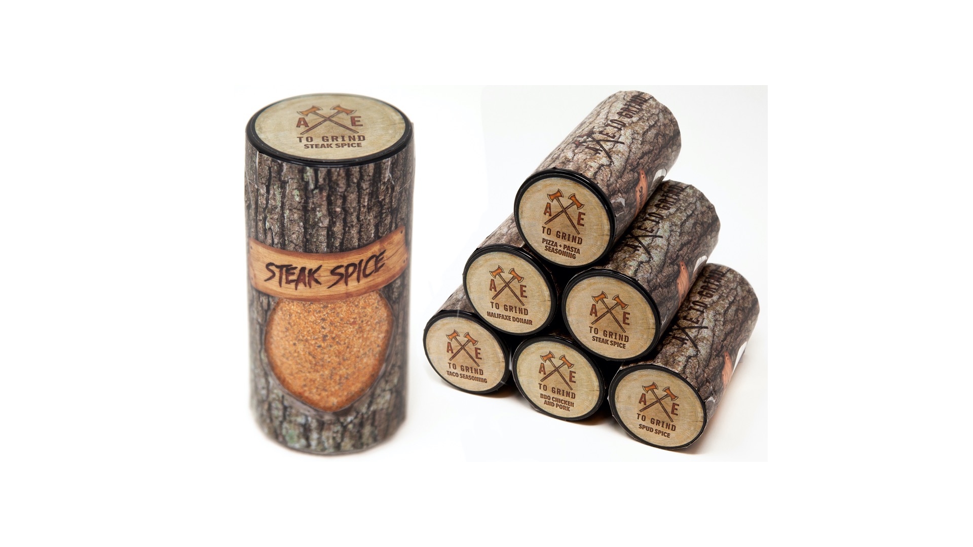 vStore feature image Axe to Grind Foods spice blends in log themed glass bottles