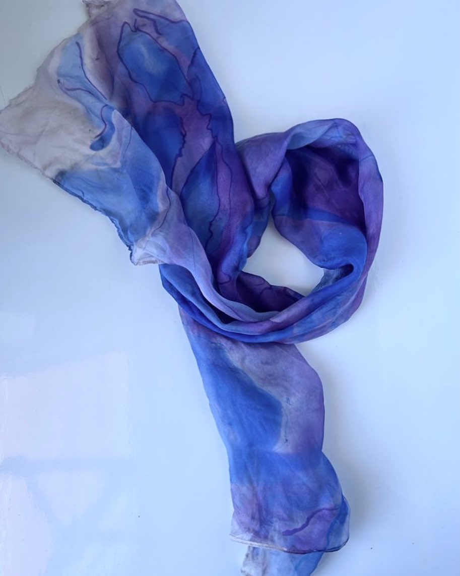 Blue Hand-printed Silk Scarf by Yasmine Wasfy