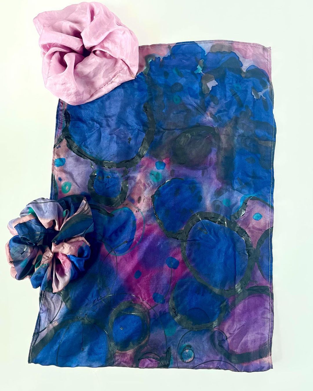 Pop Silk Set Hand-printed scarf and two matching scrunchies by Yasmine Wasfy