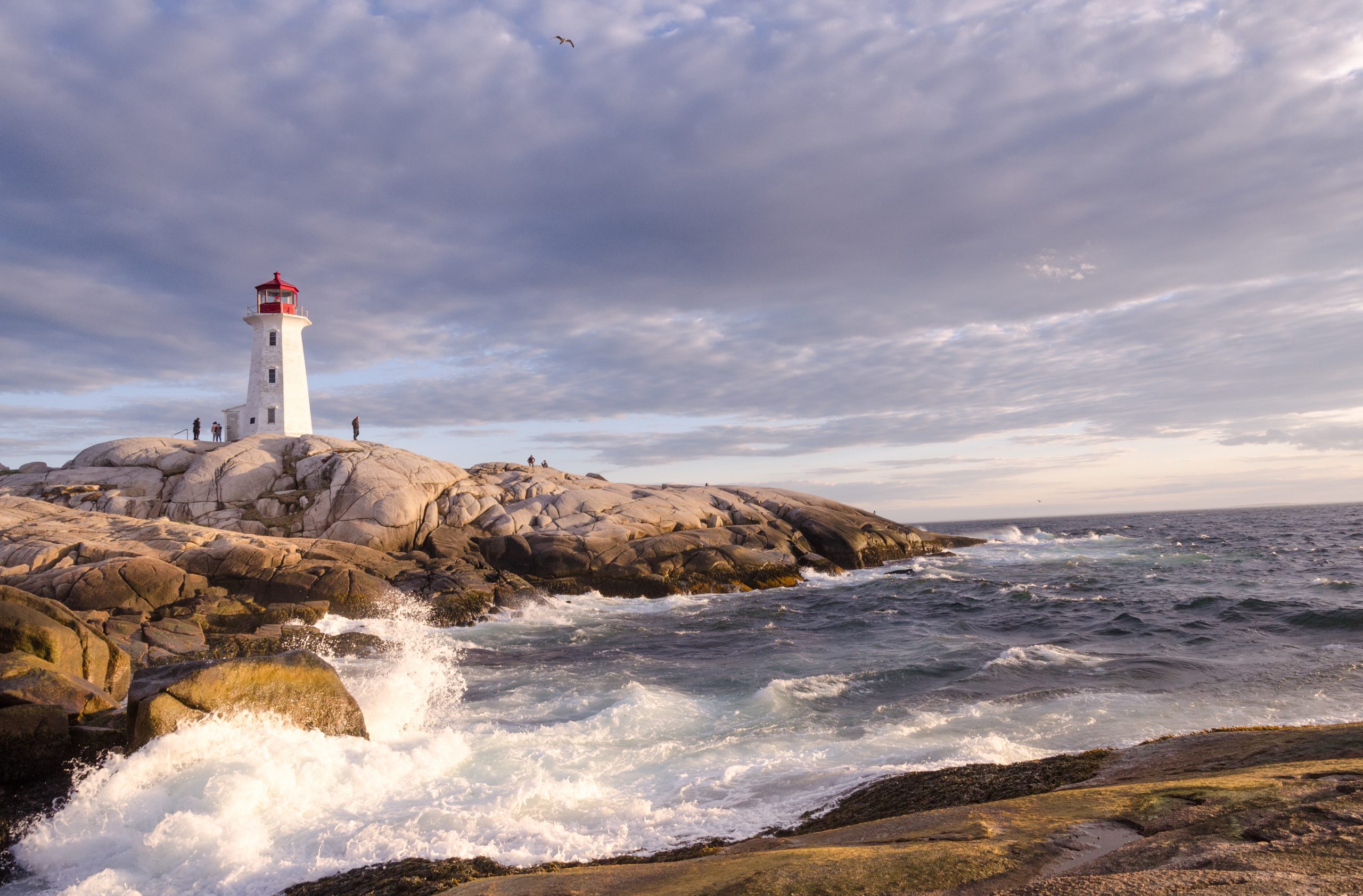 Peggy's Cove lighthouse in the distance with crashing surf in the foreground Momma Bears Boutique Nova Scotia Gift Shop