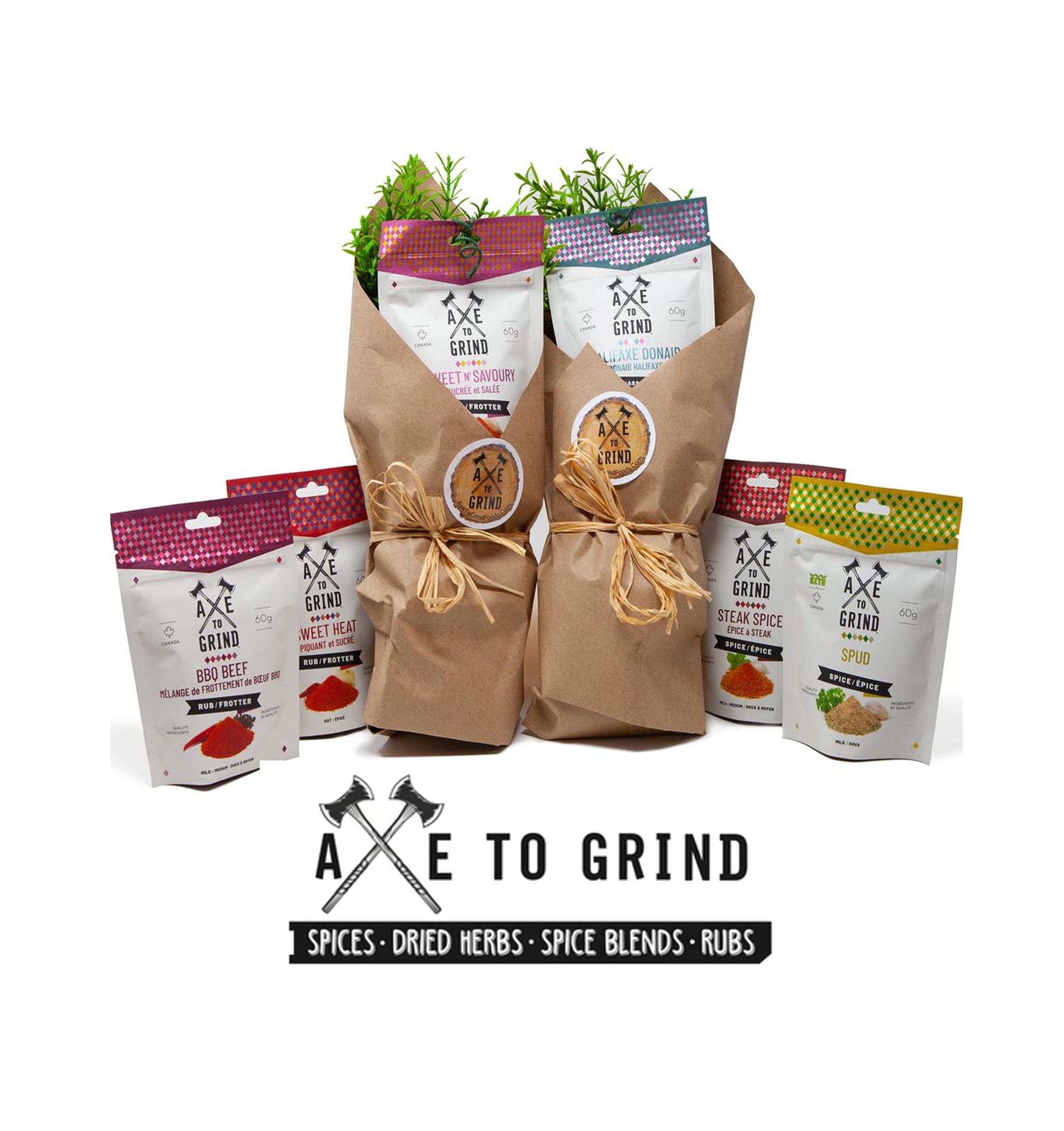Spice Blend Products wrapped up like bouquets in kraft paper. vStore Main image Axe to Grind Foods spice blends