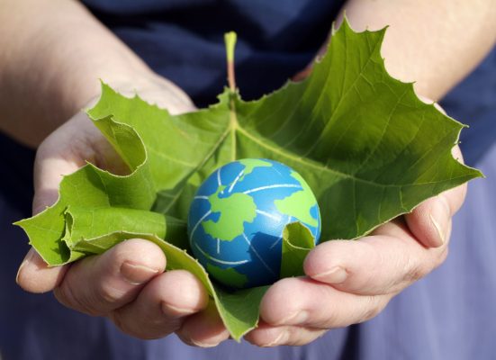 Globe in Maple leaf held in cupped hands signifying positive environmental and economical impact of buy local shopping