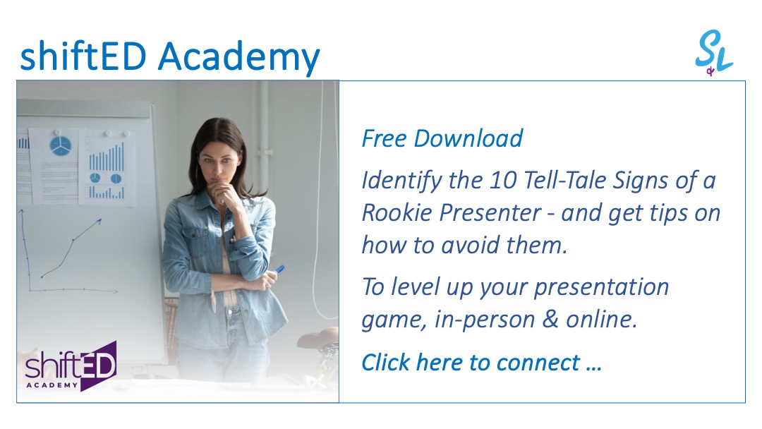 S&L graphic shiftED Academy Featured Rookie Presenter Quiz Mar 2024. presentation skills