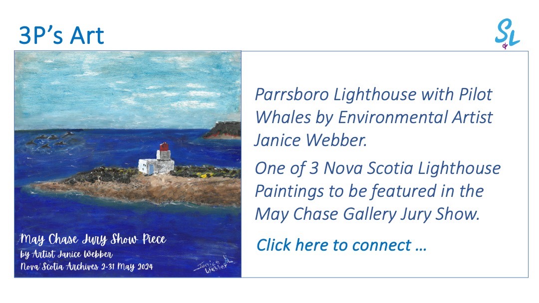 SL graphic 3Ps Art Special Event Jury Show Painting Parrsboro Lighthouse with Pilot Whales Apr 2024. Artworks